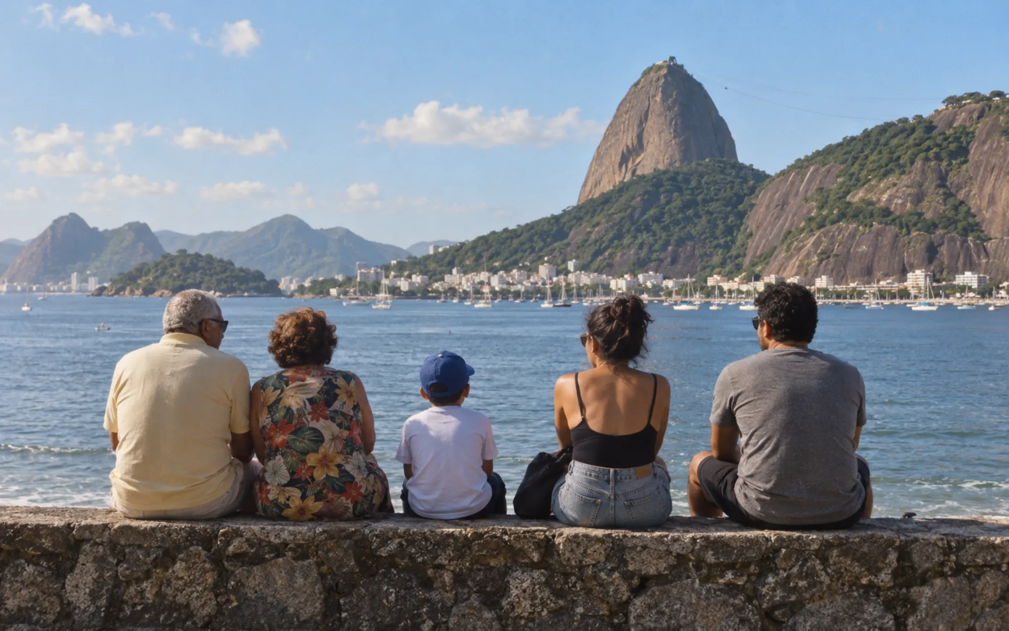 Família sentada na mureta da Urca olhando a Baía de Guanabara e o Pão de Açúcar